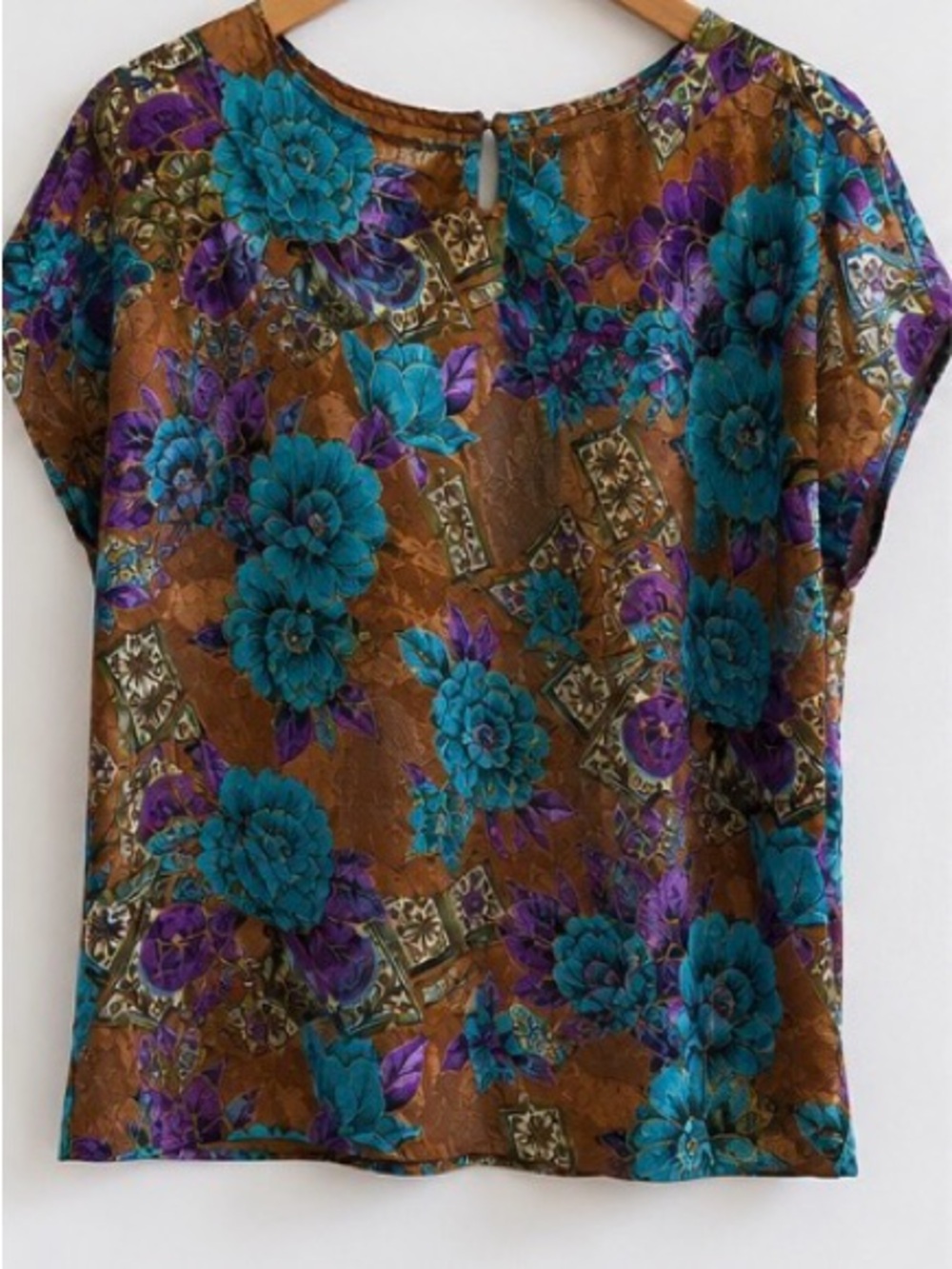 Vintage 90s Floral Jewel Tone Blouse | Teal Purple Brown Print